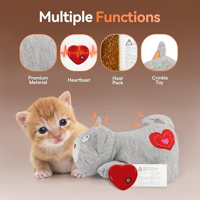 ALL FOR PAWS Heartbeat Cat Plush Toy – Calming Kitten Companion with Realistic Heartbeat, Anxiety Relief for Indoor Cats Dogs Pets-PawvioPets