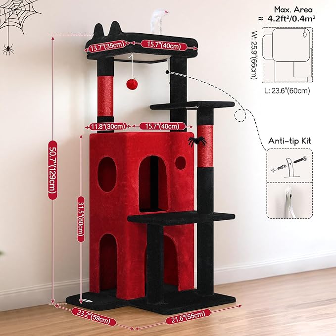 Globlazer Gothic Cat Tree Tower for Indoor Cats, 50-inch Goth Adult Cat Tree House for Large Adult Cats with Steps, Scratching Post, 2 Cat Caves, Dangling Toys, FC50, Blood-Goth-PawvioPets