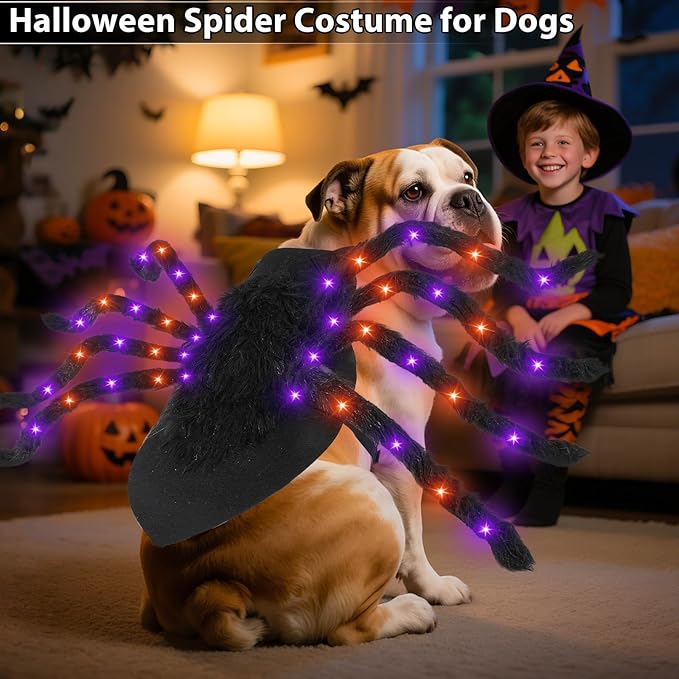 Camlinbo 24 LED Spider Dog Halloween Costume for Small Medium Large Dogs, Furry Giant Spider with Orange Purple Lights Puppy Pet Costume Outfits Clothes Funny Halloween Costume Party Cosplay-PawvioPets