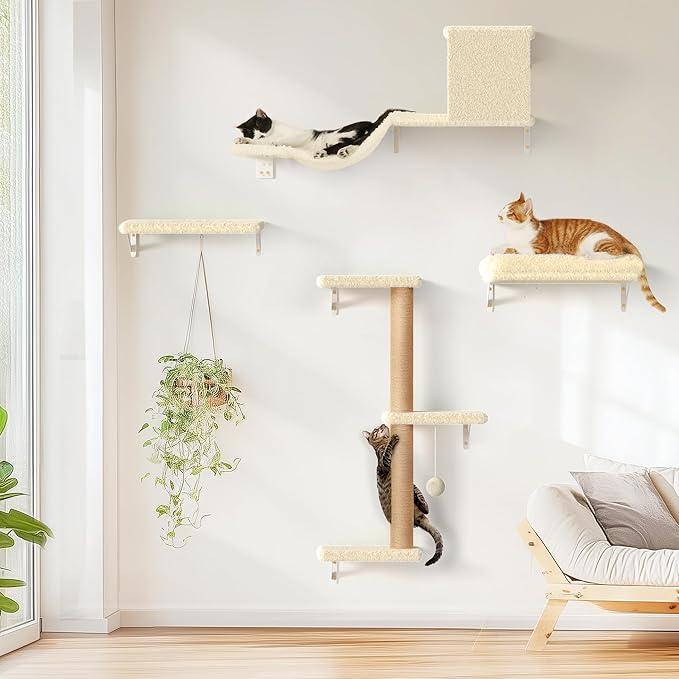 FUKUMARU Cat Wall Shelves, Stable & Safe 4 in 1 Large Cat Walls Furniture Set, Wooden Kitten Climbing Wall with Scratching Post for 16 Inch Drywall - Beige-PawvioPets