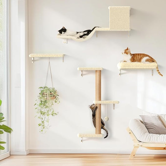 FUKUMARU Cat Wall Shelves, Stable & Safe 4 in 1 Large Cat Walls Furniture Set, Wooden Kitten Climbing Wall with Scratching Post for 16 Inch Drywall - Beige-PawvioPets