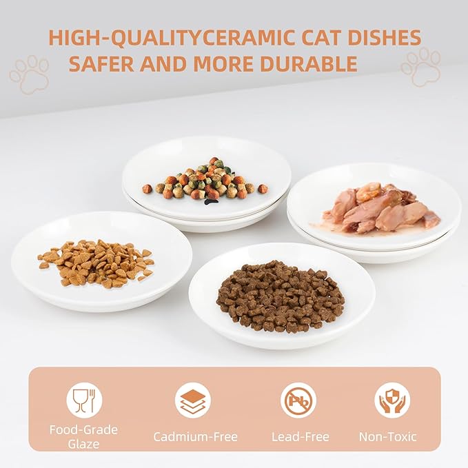 6 Pack Cat Food Bowl, Ceramic Cat Bowls, Anti Whisker Fatigue Cats Bowl Set,5.5 Inches Shallow Wide Kitten Plates for Food and Water (Cat's Paw Style)-PawvioPets