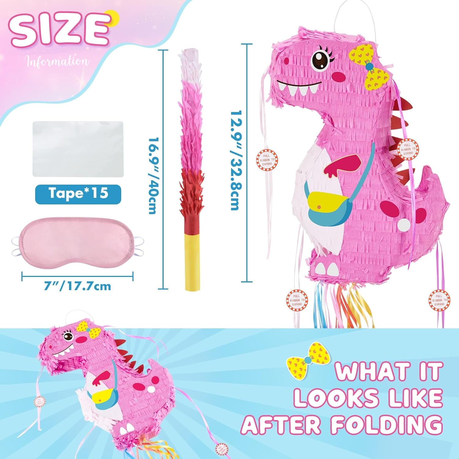 WERNNSAI Foldable Dinosaur Piñata - Pull String Dinosaur Birthday Party Supplies Extendable Piñata with Blindfold Bat and Tassels Dinosaur Birthday Decoration Pink Dinosaur Piñatas for Classroom Game