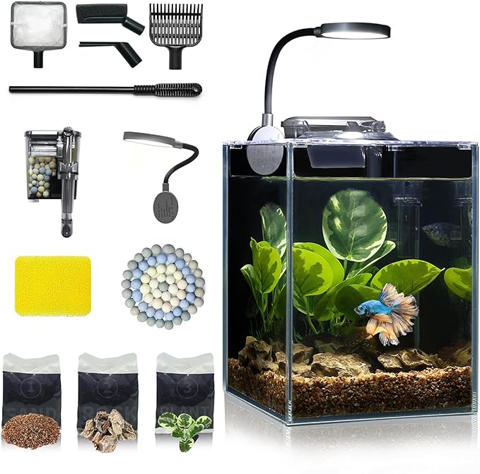 Desktop Glass Fish Tank 1.25 Gallons Small Aquarium Set, Self Cleaning Filter System Bright LED Light Gravel Plant Cleaning Tool, Betta Small Space Kit Easy Setup Space Saving Design-PawvioPets