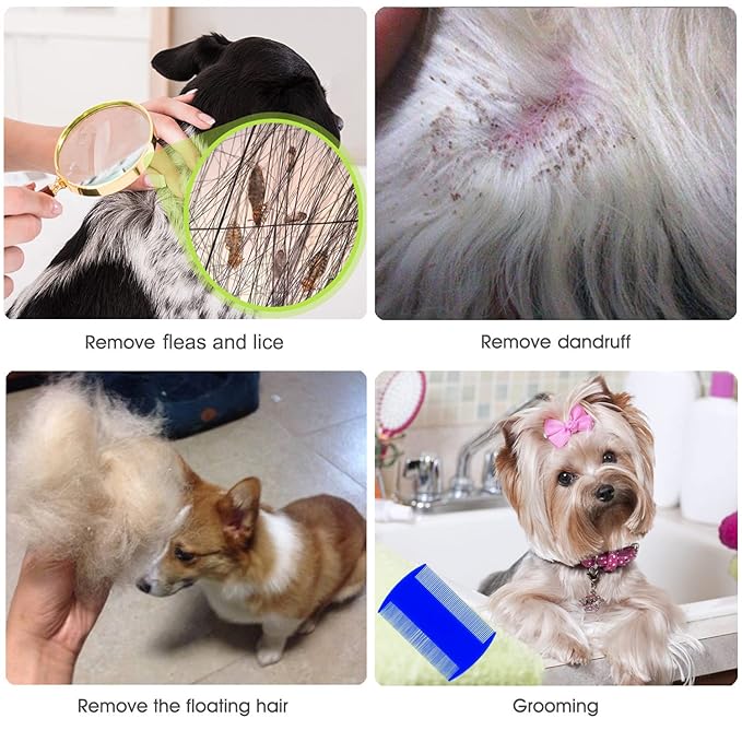 Flea Comb Lice Comb Cat & Dog Pet Grooming Combs Tear Stain Remover Remove Mucus Crust 2-in-1 Metal Round Smooth Teeth Comb Remove Floating Hair Tangles Dander (blue)-PawvioPets