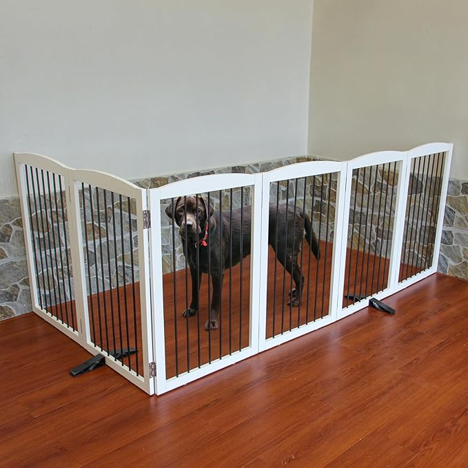 Freestanding Panel Dog Gate for Indoor, Doorways,Stairs, or Hallways,Foldable Wooden Dog Gates for House,Pet Gate for Dogs,Dog Fence, Puppy Gate,Support Feet Included,32 "Height-6 Panels,White-PawvioPets