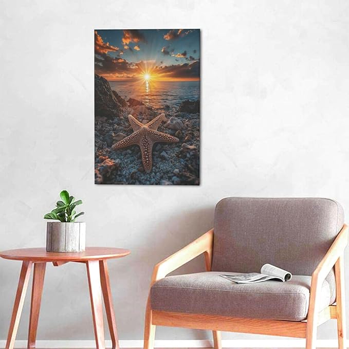 Beach Starfish Wall Decor Ocean Starfish Wall Art Sunset Scenery Coastal Theme Pictures Canvas Nature Seascape Painting Print Framed Artwork Decorations for Home Bathroom Living Room Bedroom Office 16"x24"-PawvioPets