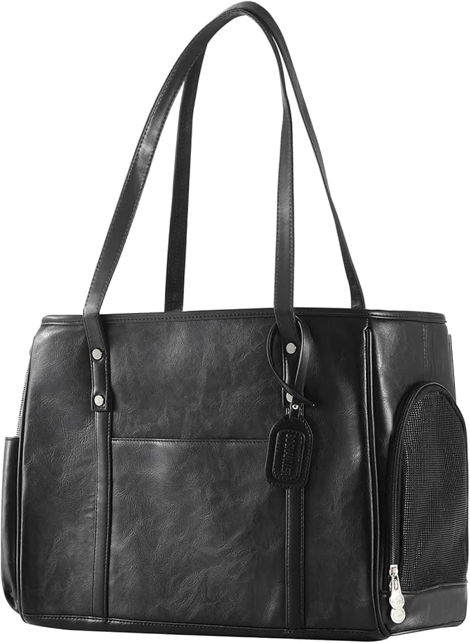 Fashion Dog Carrier Purse, Premium Leather Cat Carrier Bag, Airline Approved Soft Sided Pet Travel Tote Bag with Pockets Black-PawvioPets