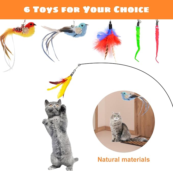 Cat Feather Toys, 10PCS Toys with Super Suction Cup, 2PCS Detachable Wand & 6PCS Replacement Teaser Refills, Interactive Indoor Cat Play-PawvioPets