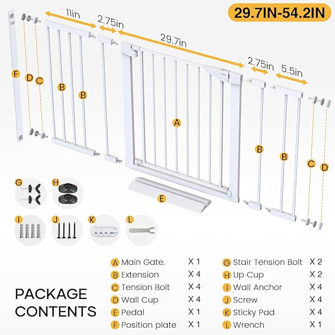 Cumbor 29.7-54.2" Wide Baby Gate for Stairs, Mom's Choice Awards Winner-Self Closing Dog Gate Indoor for Doorways, No Drilling Pressure Mounted Pet Gates for Kids, Easy Walk Through Safety Gate, White-PawvioPets