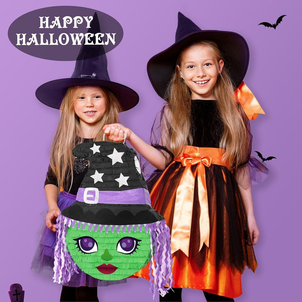 WERNNSAI Halloween Witch Pinata - Green Witch Pinata Halloween Party Games for Kids Costume Party Decor Favor School Scary Game Wizarding World Party Supply with Bat & Blindfold