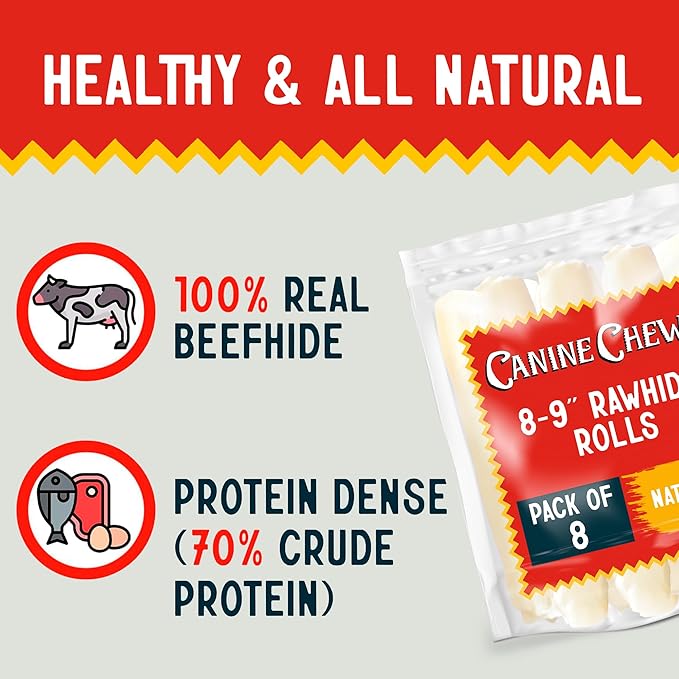 Canine Chews 8-9" Retriever Roll Rawhide Bones for Large Dogs - Durable, Thick Rawhide Bones, Quality Dog Rawhide Chews for Medium to Large Dogs, Thick Size Keeps Dogs Occupied (8 Pack)-PawvioPets