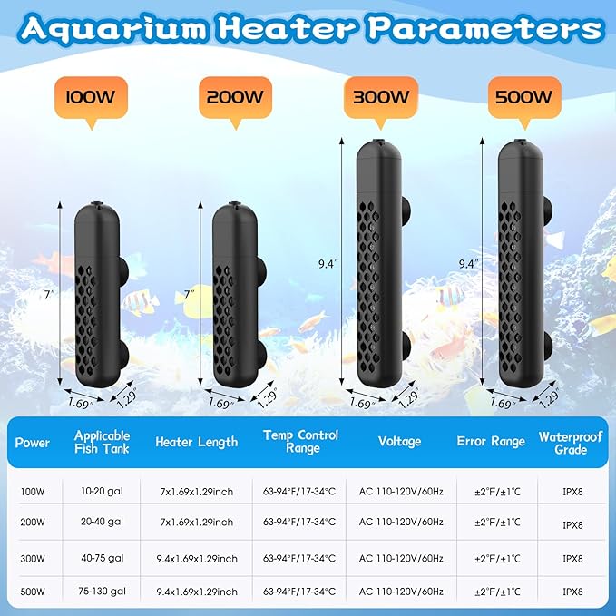 Aquarium Heater, 100W/200W/300W/500W Adjustable Fish Tank Heater with Intelligent Digital LED Controller, Overheating and Out of Water Protection for Freshwater and Saltwater Tanks-PawvioPets
