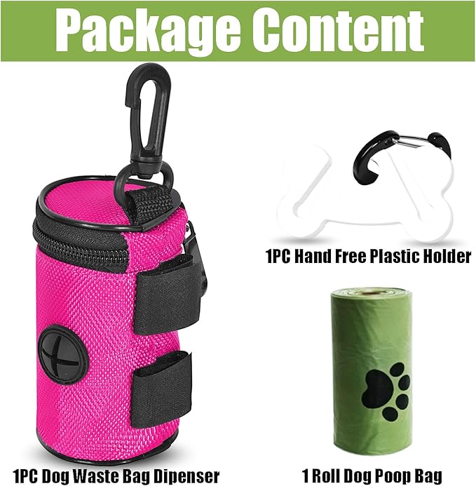 Dog Poop Bag Dispenser for Leash Attachment - Portable Set With Waste Bags & Hand-Free Carrier, Fits Any Leash, Round, Pink-PawvioPets