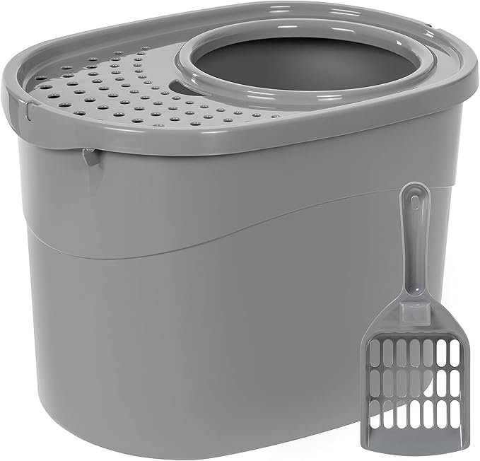 Amazon Basics Large Cat Litter Box with High Sides, Top Entry, Includes Scoop, 20.5 x 14.75 x 14.38 inches, Grey-PawvioPets