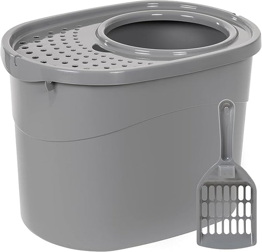 Amazon Basics Large Cat Litter Box with High Sides, Top Entry, Includes Scoop, 20.5 x 14.75 x 14.38 inches, Grey-PawvioPets