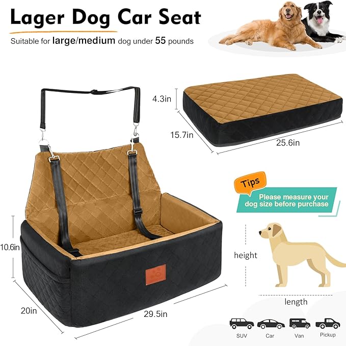 Dog Car Seat for Large Medium Dogs,Washable Pet Car Seat Under 55 lbs or 2 Small Dogs,Dog Booster Seat with Thick Cushion,2 Safety Leashes Travel Car Dog Bed-PawvioPets