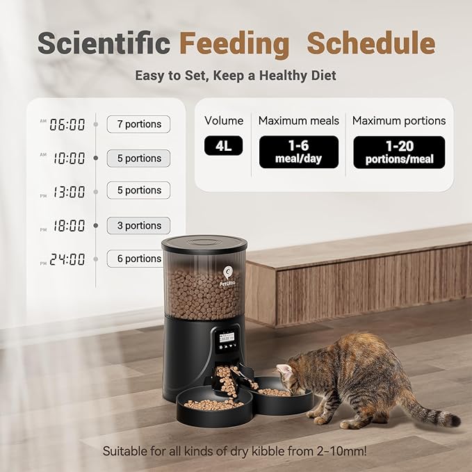 Automatic Cat Feeder for 2 Cats - 16 Cups/4L Timed Auto Pet Feeder with Portion Control (1-6 Meals), Dual Power& Easy to Clean for Indoor Cats & Small Dogs-PawvioPets