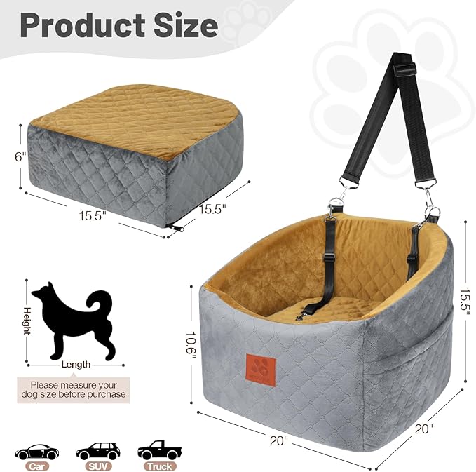 Dog Car Seat for Small Medium Dogs, Memory Foam Booster Car Seat for Dogs up to 35 lbs, Elevated Pet Car Seat, Travel Safety Bed with Washable Removable Cover and Storage Pockets(Gray/Coffee)-PawvioPets