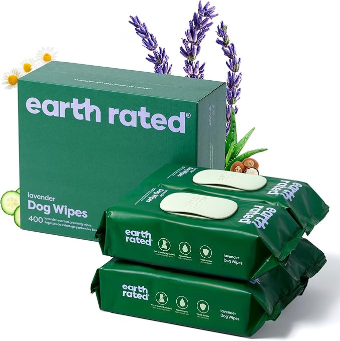 Earth Rated Dog Wipes, Hypoallergenic, Cleaning and Hydrating, for Grooming Paws, Body and Butt, Lavender Scented, 400 Count-PawvioPets
