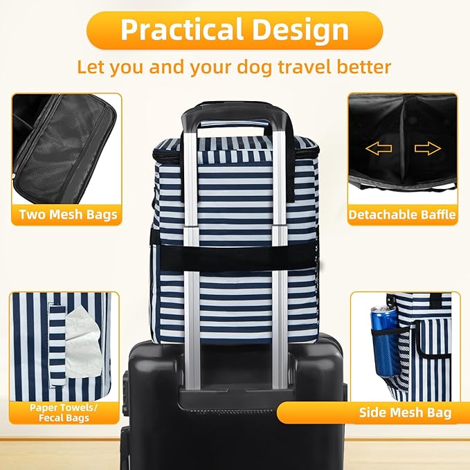 Dog Travel Bag for Camping - Pet Travel Accessories with 2 Collapsible Bowls, 2 Food Containers & Waterproof Feeding Mat - Portable Dog Carrier, Stripe (Small)-PawvioPets