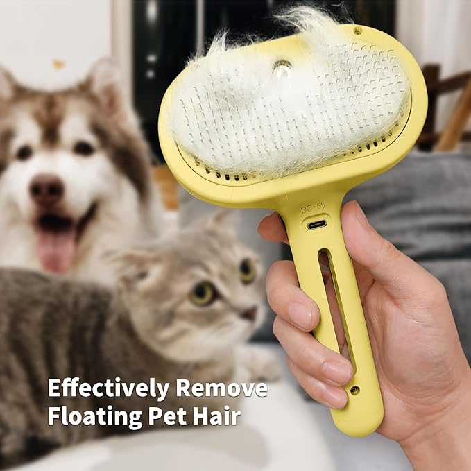 3 In 1 Steamy Brush with Release Button and Tank, Anti-Static Pet Brush for Long and Short Hair Pets to Remove Tangles and Loose Fur (Yellow)-PawvioPets