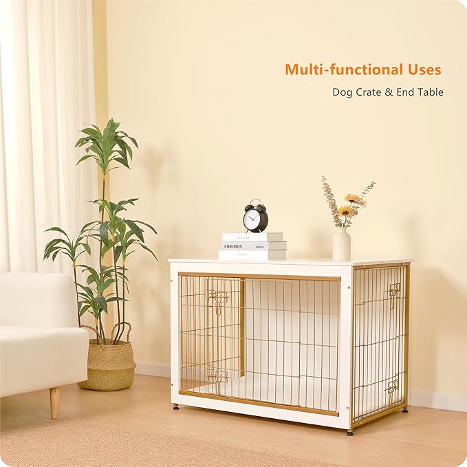 DWANTON Dog Crate Furniture with Cushion, Wooden Kennel Table with Double Doors, Indoor Dog House, Large Size, 38.5" L, White-PawvioPets