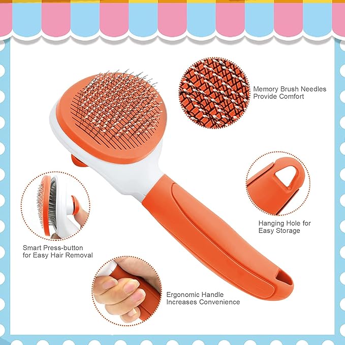 Cat Brushes for Indoor Cats, Dog Brush for Shedding with Metal Cat Comb, Self Cleaning Pet Hair Brush with Release Button for Grooming Kitten(Orange)-PawvioPets
