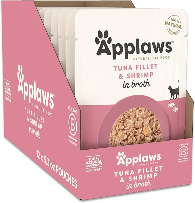 Applaws Natural Wet Cat Food in Broth, Limited Ingredient Wet Cat Food Pouches, No Additives, Made with Natural Ingredients, Tuna Fillet with Shrimp in Broth (12 x 5.3oz Pouches)-PawvioPets