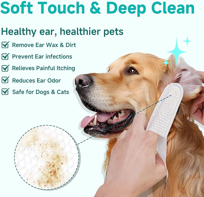 Ear Cleaner Finger Wipes for Dog & Cat [Finger Casing Design][Pet Ear Wipes with Tweezers] for Controlling Ear Infections and Ear Odor Reduce ear wax buildup Natural Ingredients Dog Ear Wipes-PawvioPets