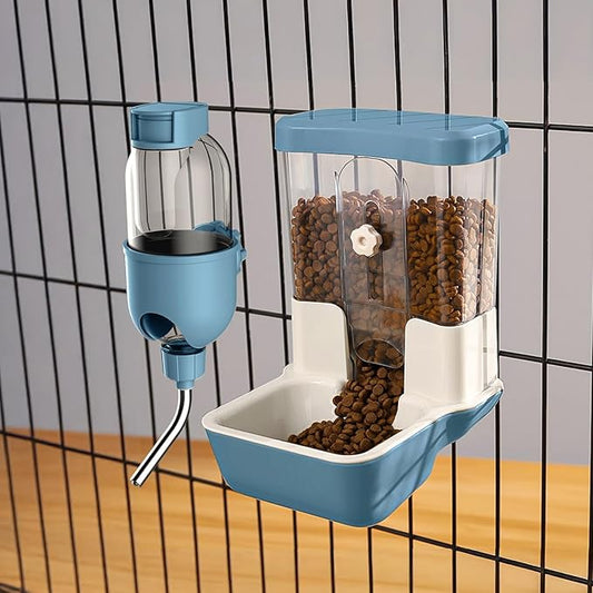 Automatic Pet Food Water Dispenser, Auto Gravity Pet Feeder Water Bottle Set for Crate Cage, Feeding Station for Small Dog Cat Rabbit Guinea Pigs Chinchilla Ferret Hedgehog (Blue)-PawvioPets
