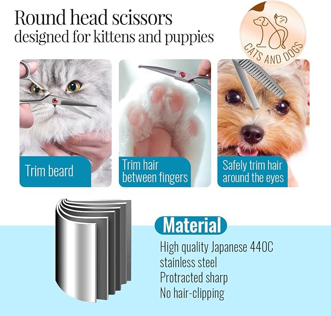 4.5" Dog Grooming Scissors - 3 Pcs Curved & Straight Thinning Shears for Small Dogs & Cats - Japan 440C Stainless Steel-PawvioPets