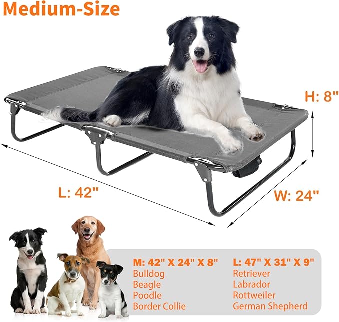 Dog Elevated Bed Foldable Portable Raised Bed Camping cot Outdoor Summer Dog Bed (Medium, Grey-Textilene)-PawvioPets