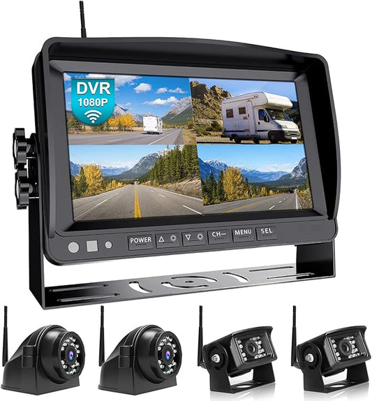 Fookoo HD 1080P 9" Wireless Backup Camera System, 9-inch Quad Split Screen Monitor w/Recording, IP69 Waterproof Side View Rear View Cameras, Digital Signal, Parking Lines for RV/Truck/Trailer (DW9T4)-PawvioPets