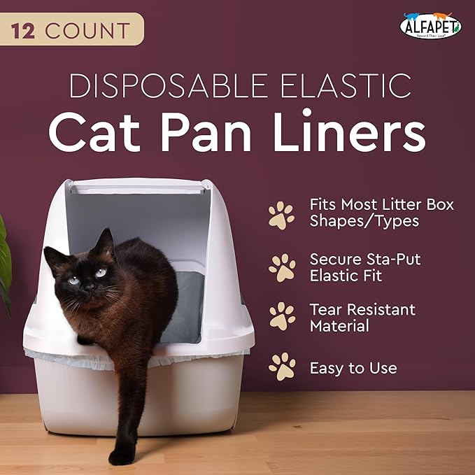 Alfapet Elastic Cat Litter Box Liners - Large 12 Count - Tear-Resistant Cat Litter Bags - Waterproof Kitty Litter Liners - Fits Litterbox Pan Sizes Medium and Large, 31" x 17", 20 lb Capacity-PawvioPets