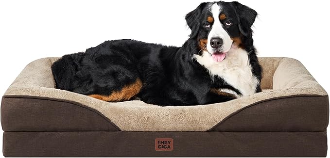 EHEYCIGA Memory Foam XXL Dog Bed for XLarge Sized, Extra Large Orthopedic Dog Sofa with Sides and Waterproof Liner, Washable Bolster Pet Couch with Removable Cover, 52x41x8 Inch, Brown-PawvioPets