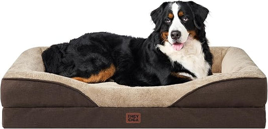 EHEYCIGA Memory Foam XXL Dog Bed for XLarge Sized, Extra Large Orthopedic Dog Sofa with Sides and Waterproof Liner, Washable Bolster Pet Couch with Removable Cover, 52x41x8 Inch, Brown-PawvioPets