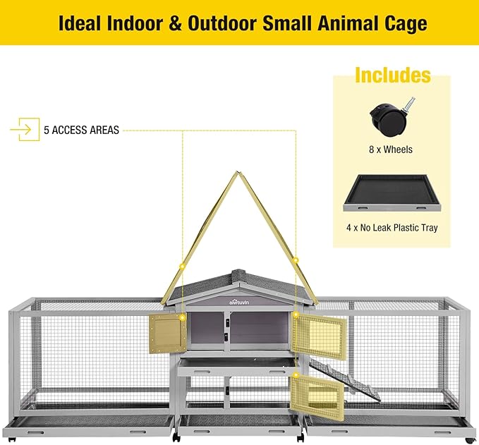 Aivituvin Rabbit Hutch Large 2-Story Bunny Cage Indoor Outdoor on Wheels Bunny House with Run,Pull-Out Tray-PawvioPets