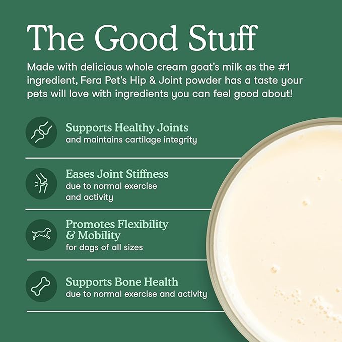 Fera Pets Goat Milk - Cat & Dog Hip and Joint Support with Glucosamine, MSM & Green Lipped Mussel - Supports Flexibility, Mobility & Bone Health - for Picky Eaters - 60 TSP-PawvioPets