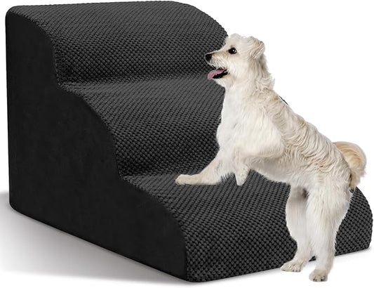 Dog Stairs for Small Dogs - High Density Foam Pet Steps, Extra Wide Dog Ramp with Non-Slip Bottom for High Beds, Couch and Sofa, Best for Dogs Injured, Older Doggy Cats,3 Steps, Black-PawvioPets