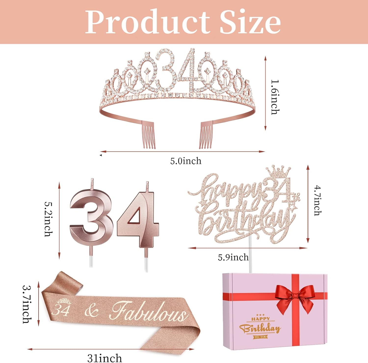 34th Birthday Decorations for Women Including Birthday Sash, Tiara/Crown, Numeral Candles and Cake Topper, 34 Year Old Gifts for Women, Rose Gold Party Decor Supplies