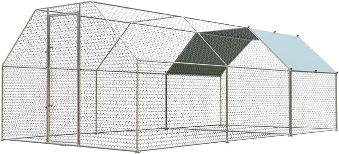 4ever2buy Large Metal Chicken Coop with Run Walk-in Poultry, Cage Chicken Runs House Pen Cage, Flat Roofed Chicken Coops with Anti-Ultraviolet Cover for Outdoor, Yard Farm, Use 9.2’Lx18.7’Wx6.4’H-PawvioPets