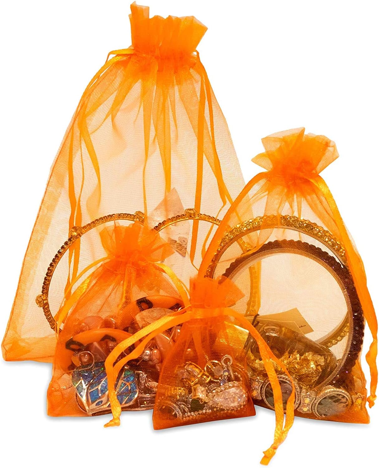 TheDisplayGuys 100-Pack XS 2 x 2 3/4" Orange Sheer Organza Gift Bags with Drawstring, Jewelry Halloween Candy Treat Wedding Party Favors Mesh Pouch