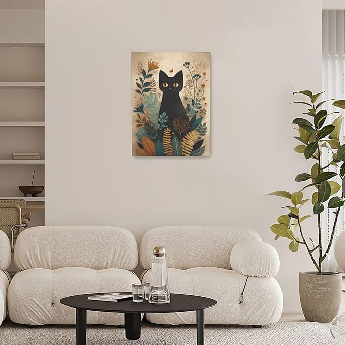 Boho Black Cat Wall Art Kitten Botanical Wall Decor Mid Century Modern Canvas Painting Print Minimalist Pictures Artwork Framed Decorations Gifts for Cat Lover Bathroom Nursery Living Room Bedroom Kitchen 12"x16"-PawvioPets