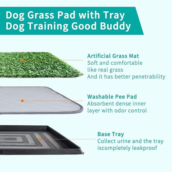 35"X22.6" Dog Grass Pad with Tray - Indoor/Outdoor Artificial Turf Potty Training Mat for Large Dogs, Portable Dog Litter Box for Balcony/Patio, Washable Reusable Pee Pad and Fake Grass for Dogs-PawvioPets