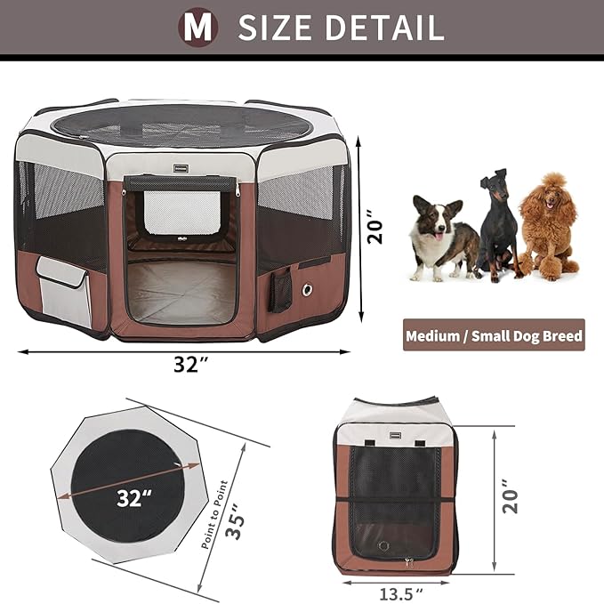 DONORO Dog Playpen Portable Pet Play Pens for Small Dog/Cat/Rabbit/Chicks, Cat Playpen Indoor/Outdoor with Carring Case, Removable Zipper Top and Bottom (Brown, Medium (35"x35"x20"), 8)-PawvioPets