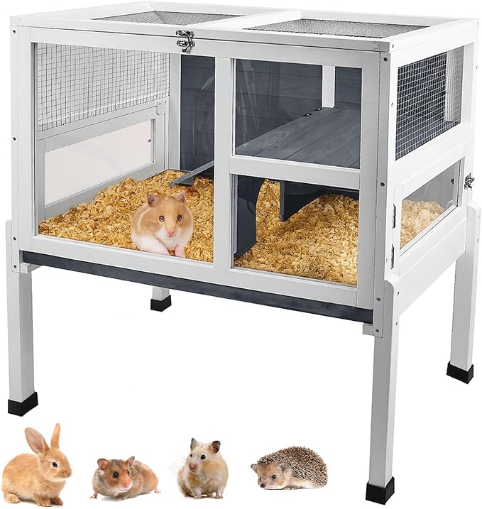 2-Story Guinea Pig Cage with Stand, Indoor Wooden Hamster Cage with Ramp, Pull-Out Tray, Hideout & Platform, Acrylic Transparent Small Animal Habitat for Chinchillas, Ferrets, Hedgehogs,Grey-PawvioPets