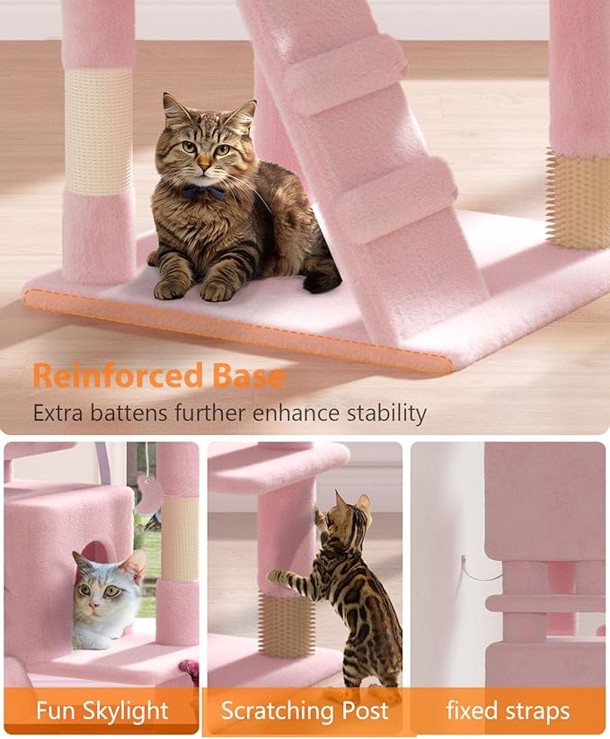60'' Cat Tree Tower for Indoor Cats Large Adult,Cute/Tall Modern Cat Tree for Big Cats 20 lbs, Plush Multi-Level Cat Condo with Scratching Posts,Dangling for Fun Play (Soft Pink, 60 inch)-PawvioPets