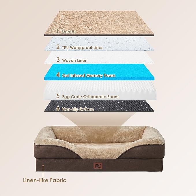 EHEYCIGA Memory Foam XL Dog Bed for XLarge Sized, Extra Large Orthopedic Dog Sofa with Sides and Waterproof Liner, Washable Bolster Pet Couch with Removable Cover, 48x35x7.5 Inch, Brown-PawvioPets