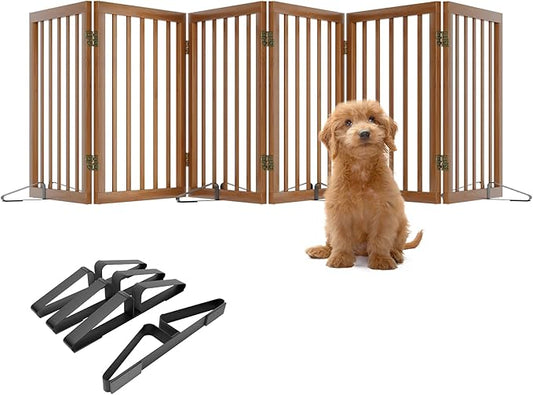 Freestanding Pet Gate Foldable Dog Gate (110 inches Wide) Walnut Bamboo Dog Gates for Stair Doorways House Puppy Fences Indoor (4 Support Feet Included)-PawvioPets